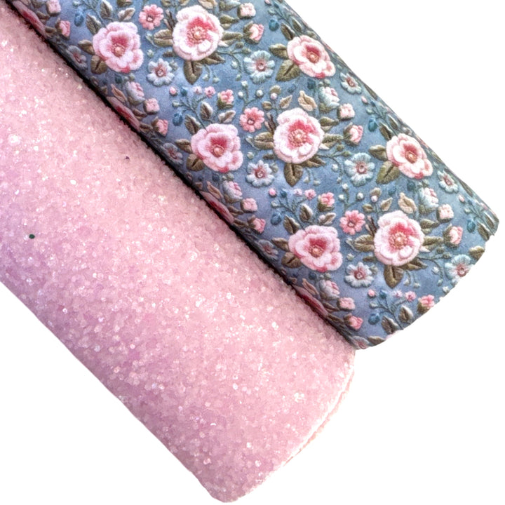 Soft Pink and Blue Floral Smooth Faux Leather