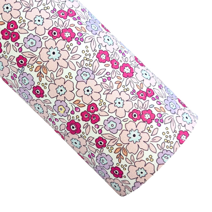 Lilac Pink Purple Floral Shimmer Suede Leatherette