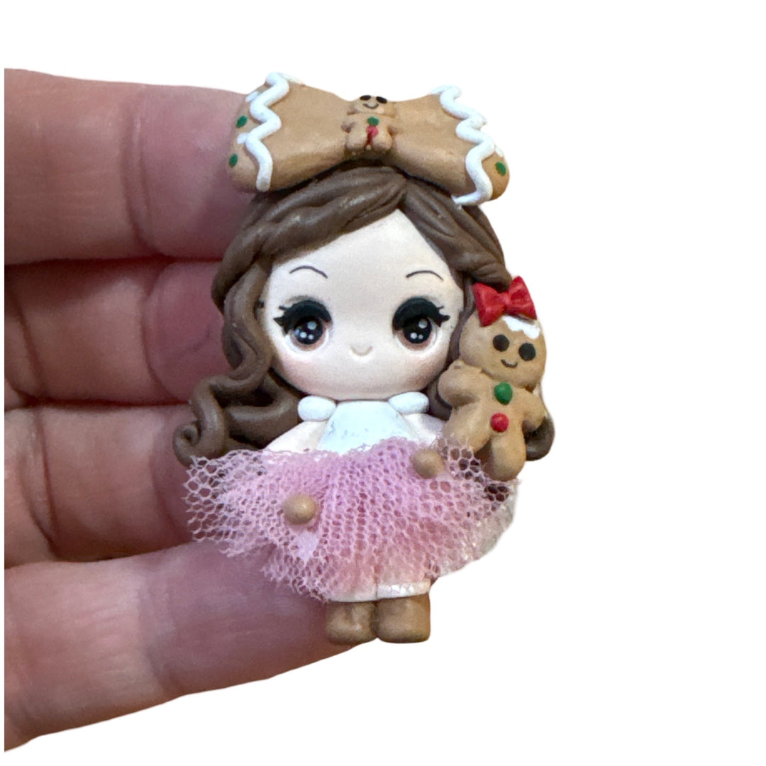Brunette Pink Tulle Girl with Gingerbread Man Bow Clay