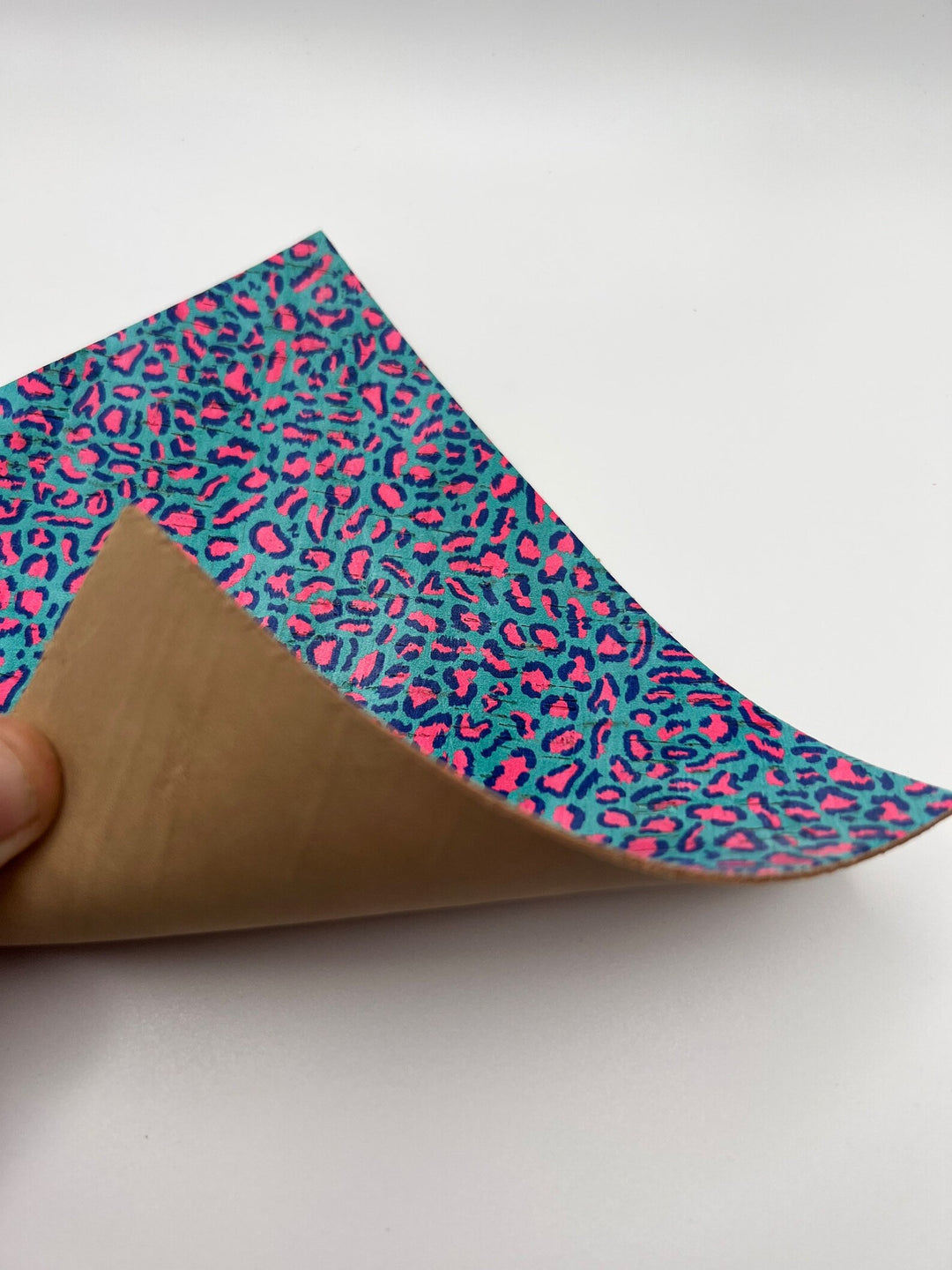 Aqua & Pink Abstract Leopard Retro Print Leather Backed Cork - Genuine Printed Leather