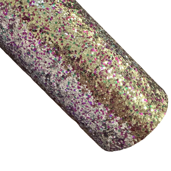 Gold Magenta Mix Chunky Glitter Fabric Sheet 0.7mm Thick | Smooth White Rear | Great for Backing | Shoes