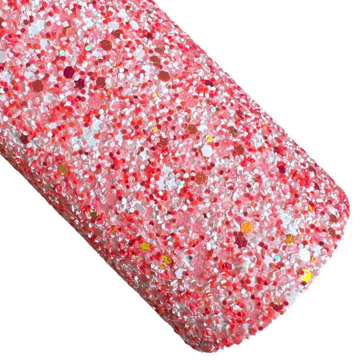 Cuir à grosses paillettes mélangées rose et orange fluo