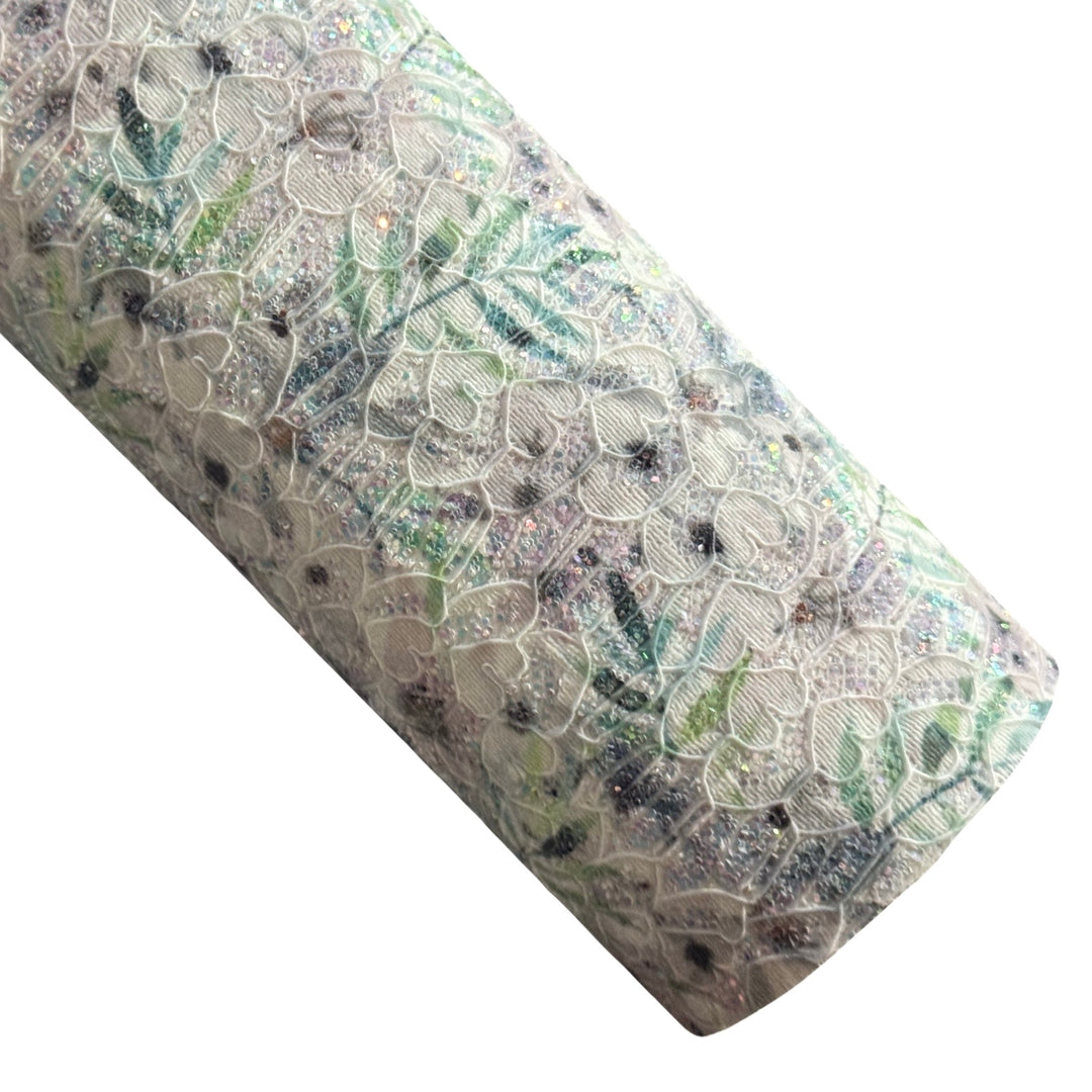 Feuille de tissu en dentelle à paillettes florales Summer Palm A4 - Paillettes en gris et verts