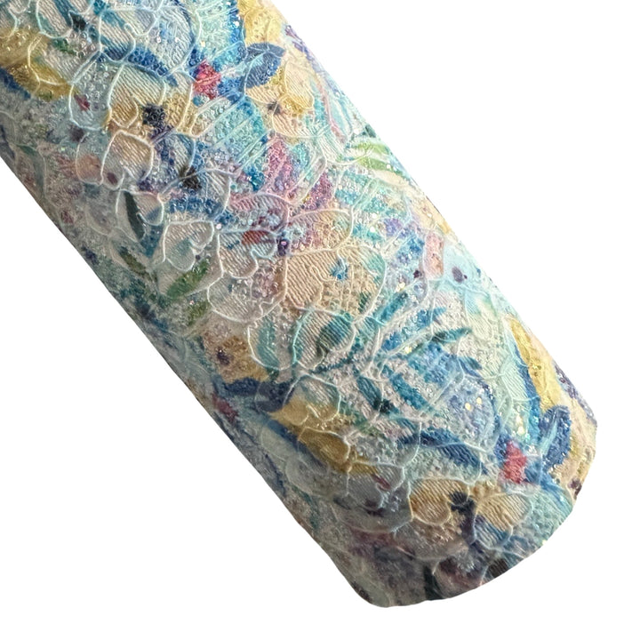 Feuille de tissu en dentelle pailletée florale Summer Palm A4 - Bleus pailletés