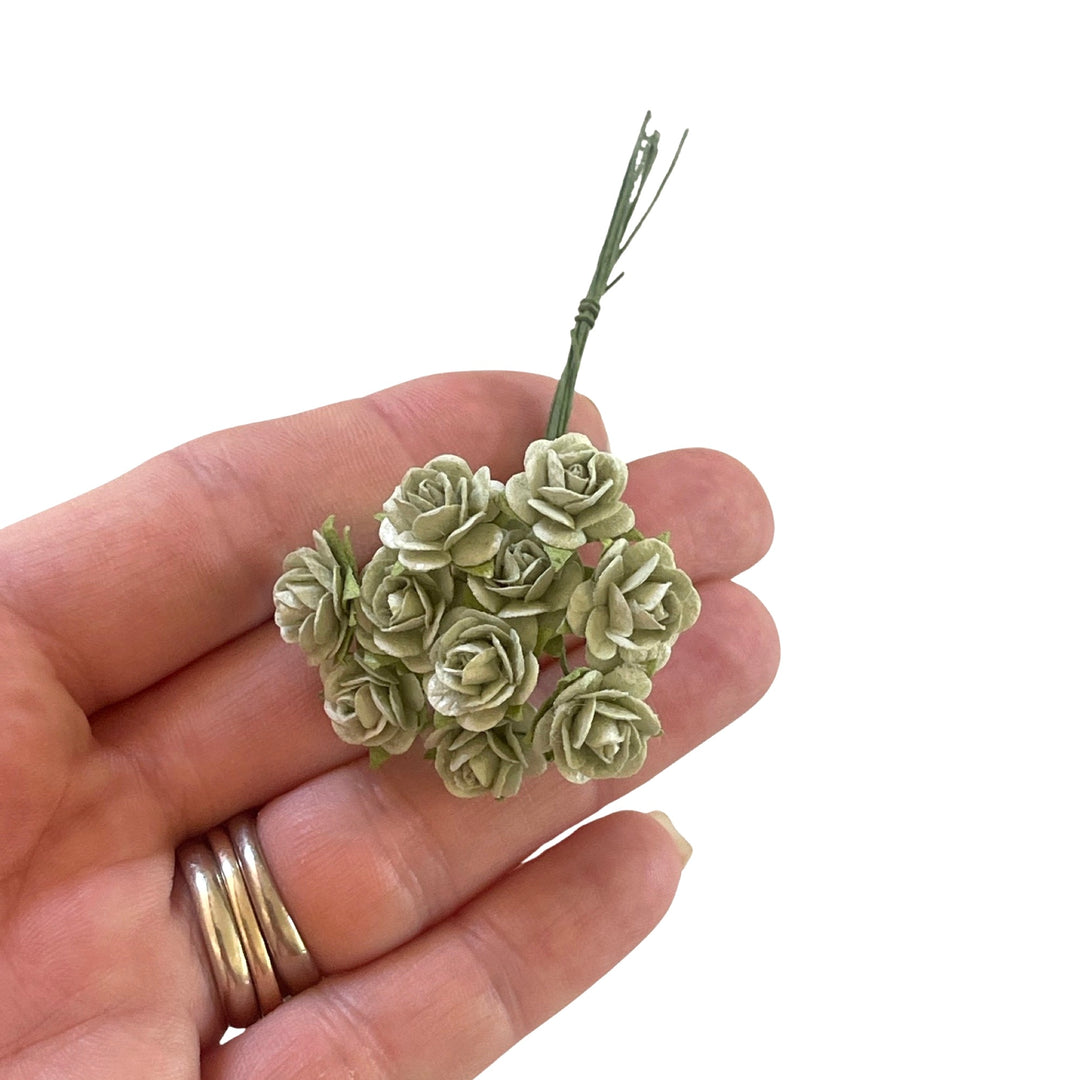 Mulberry Paper Flowers - 1cm Rounded Petal Roses - Dusty Green