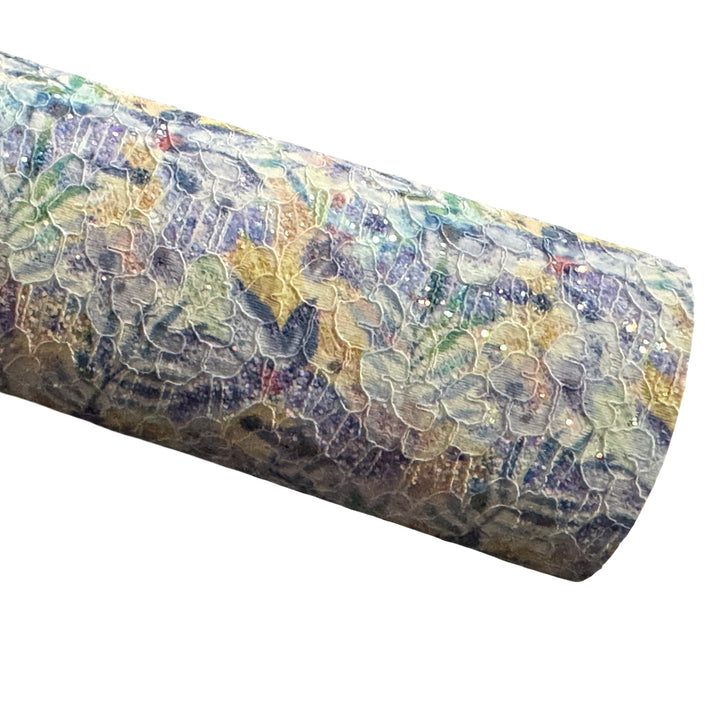 Feuille de tissu en dentelle pailletée florale Summer Palm A4 - Dentelle pailletée violet et jaune