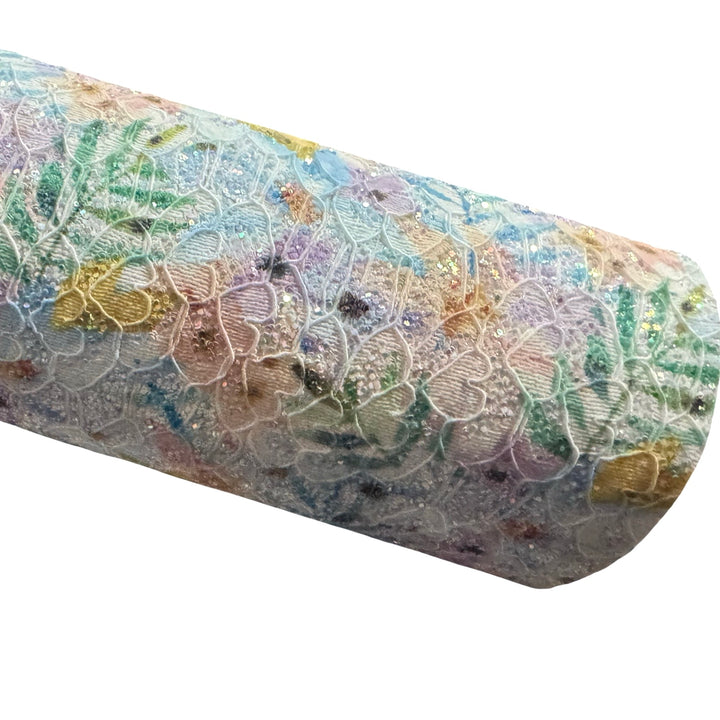 Feuille de tissu en dentelle pailletée florale Summer Palm A4 - Aqua pailleté et jaune