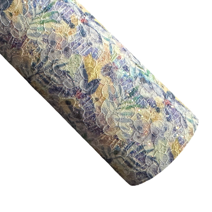 Feuille de tissu en dentelle pailletée florale Summer Palm A4 - Dentelle pailletée violet et jaune