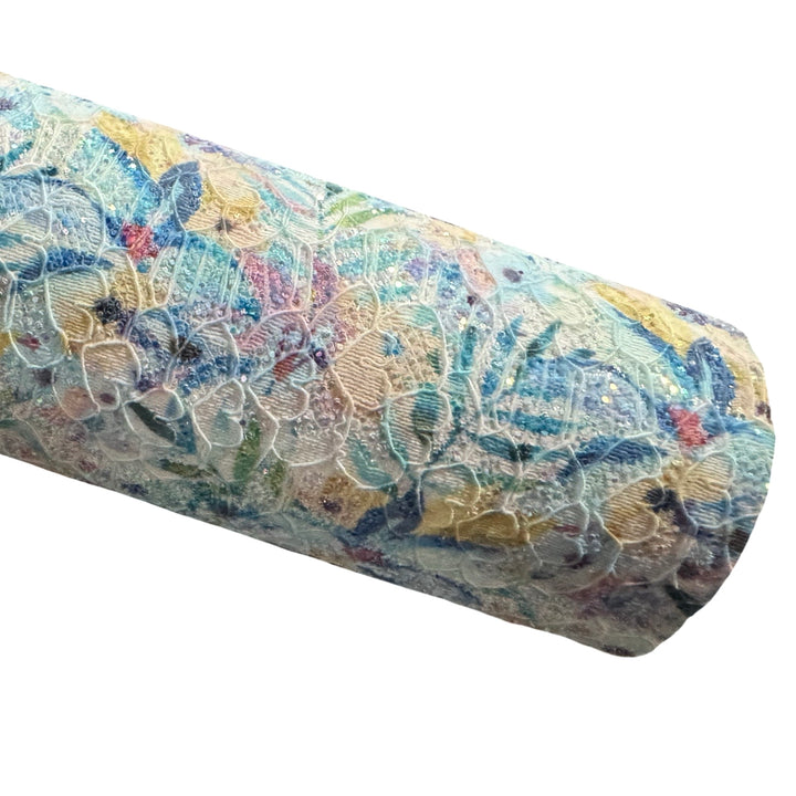 Feuille de tissu en dentelle pailletée florale Summer Palm A4 - Bleus pailletés
