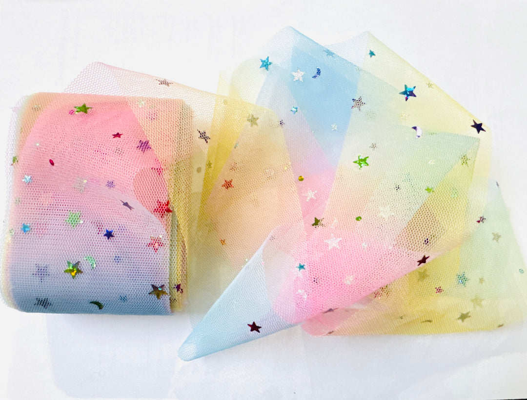 Tulle à paillettes étoiles rose arc-en-ciel pastel 2,16" 5,5 cm x 5 yards Lot