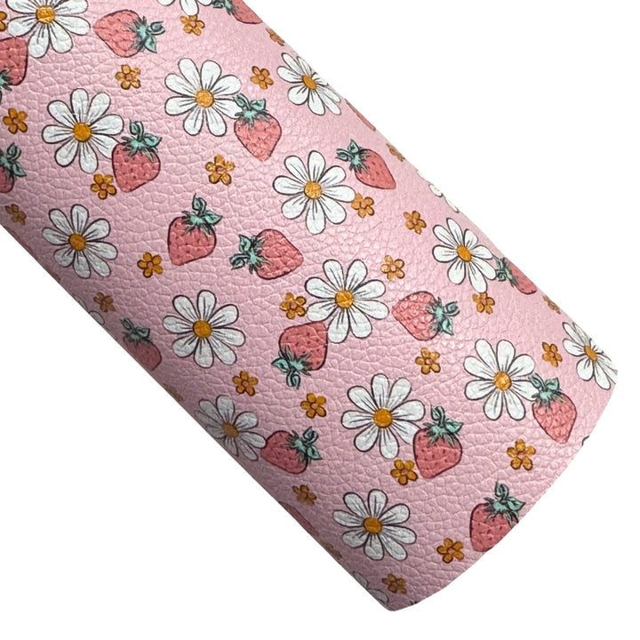 Strawberry Daisy Print Faux Leatherette