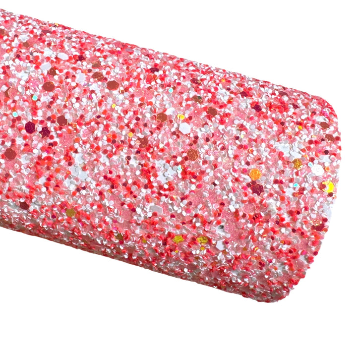Cuir à grosses paillettes mélangées rose et orange fluo