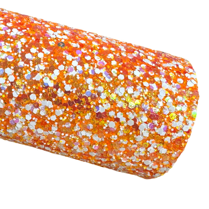 This is Halloween Orange and White Chunky Glitter Leather