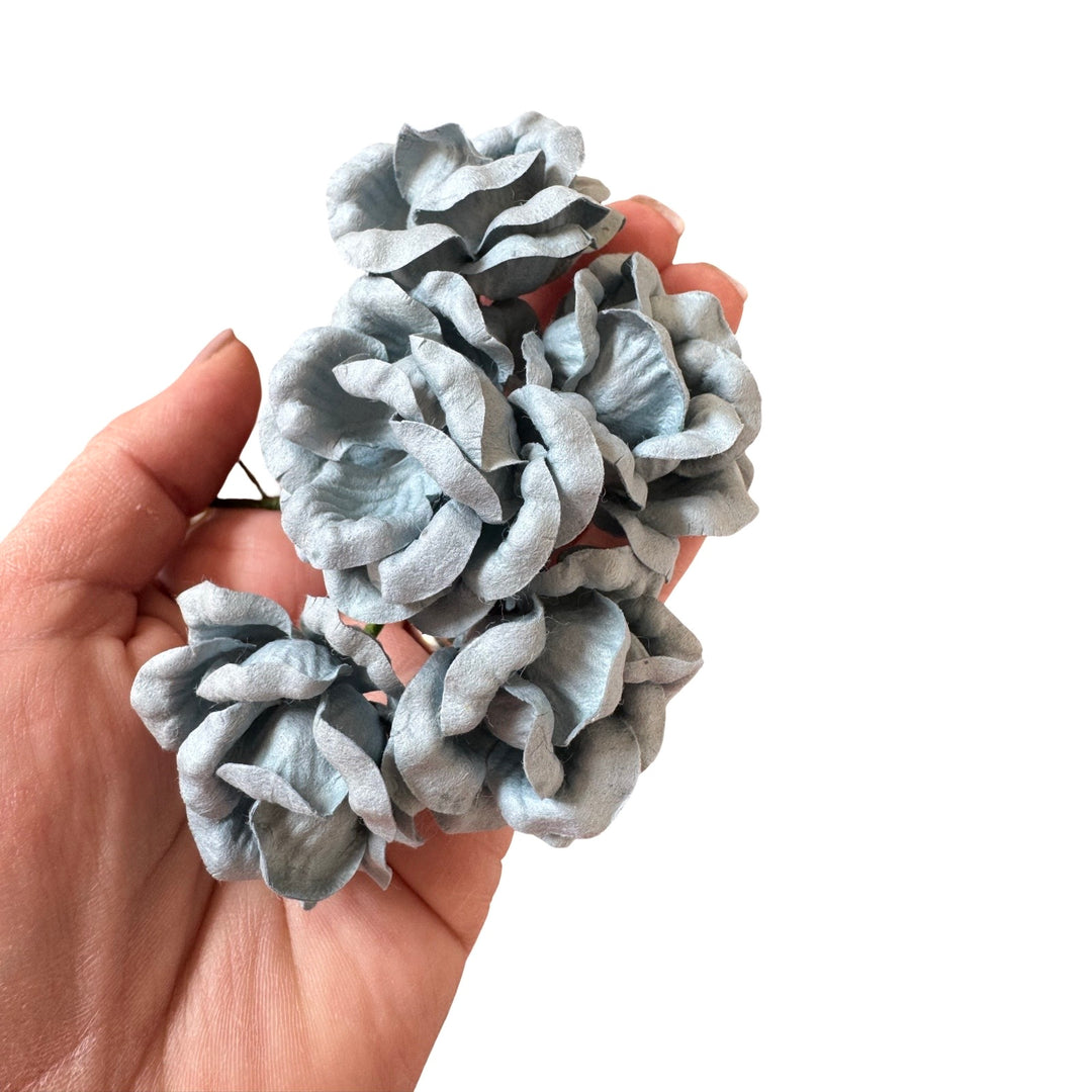 Grey Blue Mulberry Paper Peony Flowers - 4cm Peonies - lot of 5