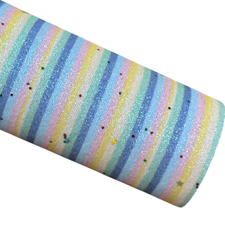 Pastel Rainbow Stripes and Stars Fine Glitter Fabric