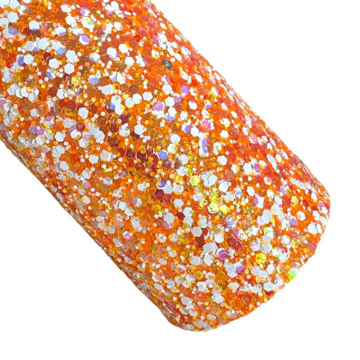 This is Halloween Orange and White Chunky Glitter Leather
