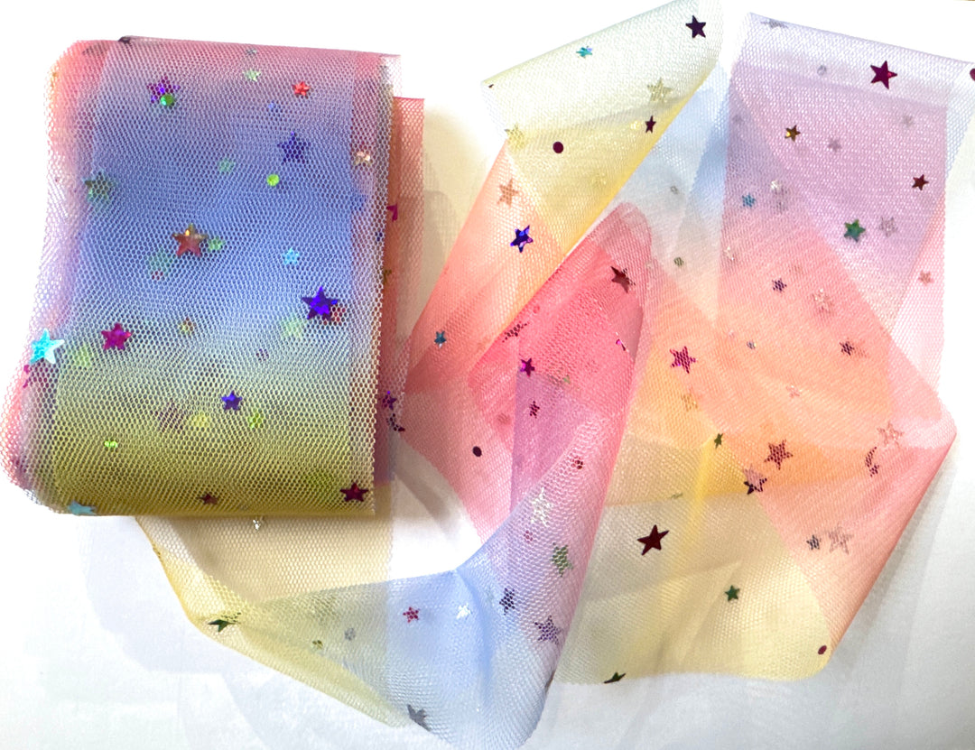 Bright Rainbow Stars & Moon Sequin Tulle 2.16" 5.5cm x 5 Yard Lot