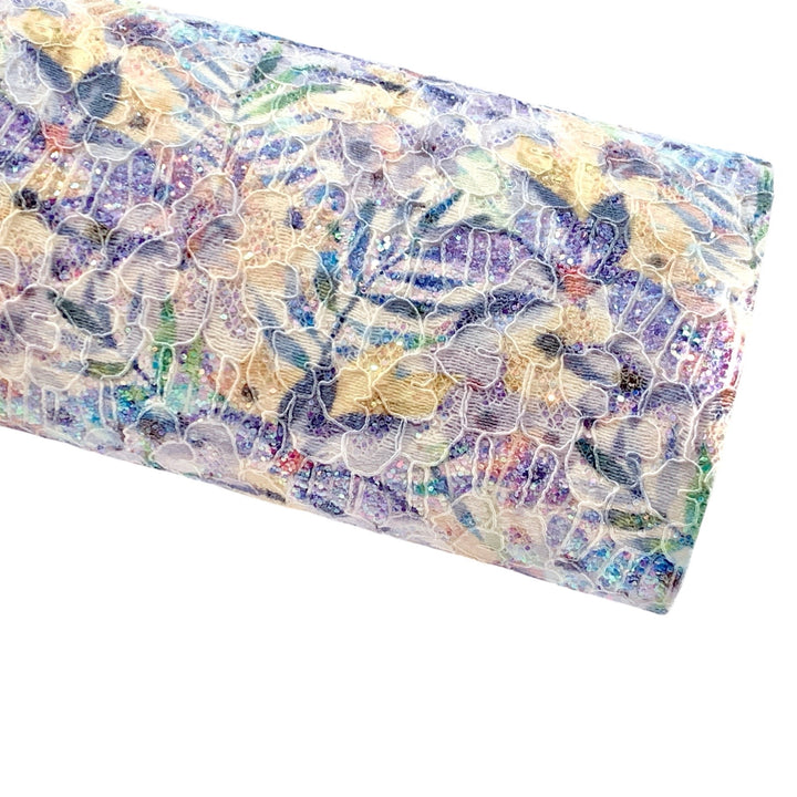 Feuille de tissu en dentelle pailletée florale Summer Palm A4 - Dentelle pailletée violet et jaune