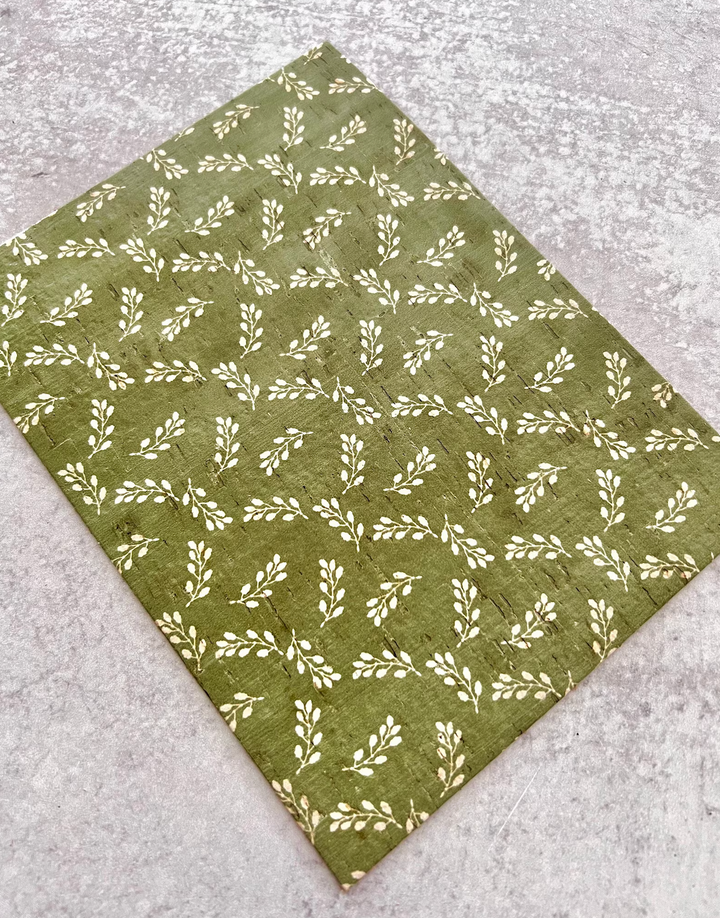 PRE ORDER Olive Green Foliage Print Leather Backed Cork Sheet for Earrings, Cork on Cowhide for DIY Earrings - Genuine Printed Leather