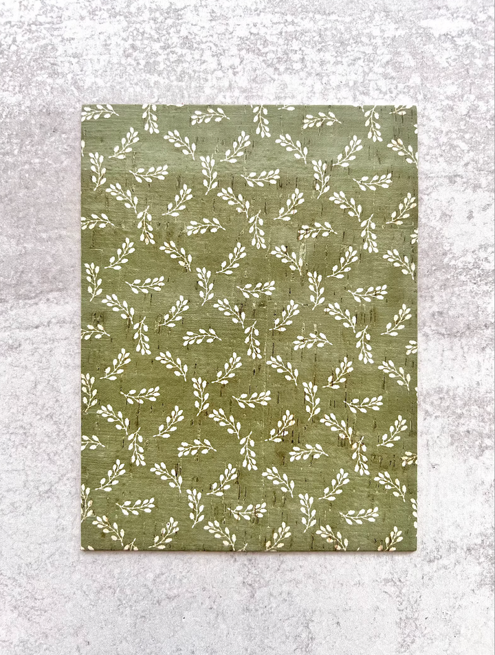 PRE ORDER Olive Green Foliage Print Leather Backed Cork Sheet for Earrings, Cork on Cowhide for DIY Earrings - Genuine Printed Leather