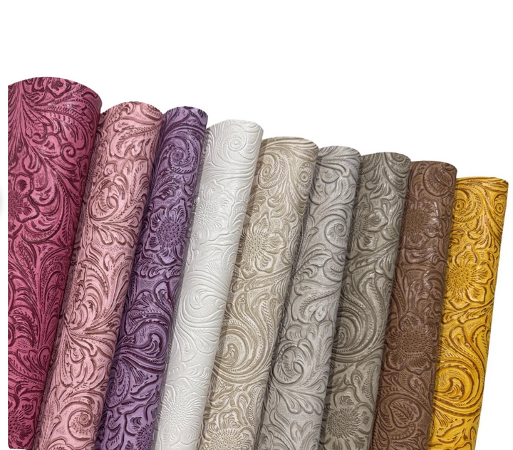 Bulk Discounted Floral Embossed Faux Leatherette Fabric Bundle of 9 sheets