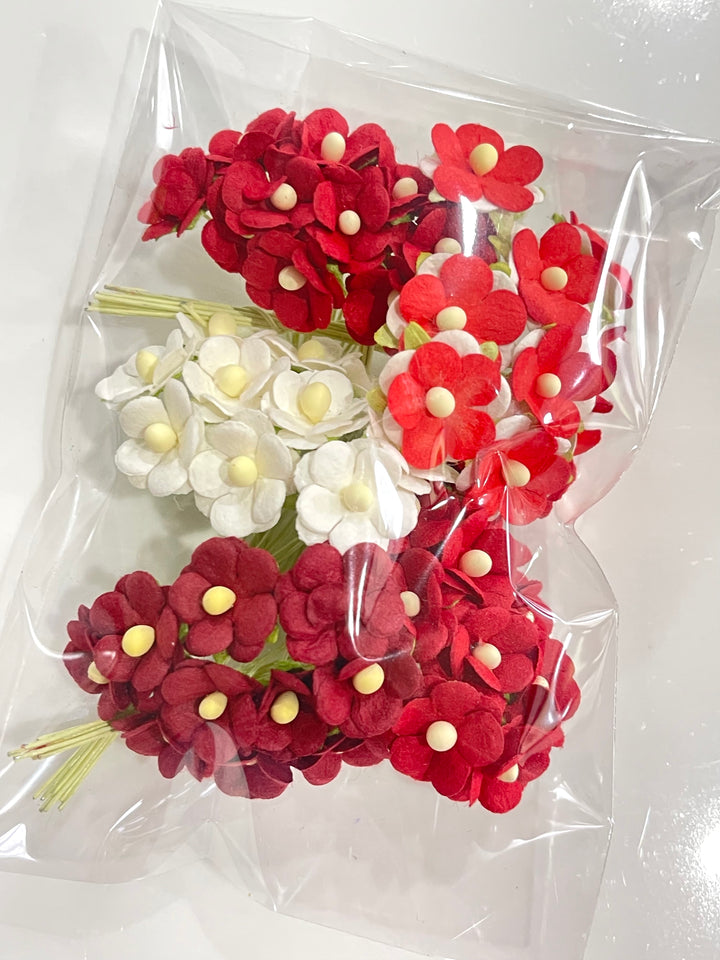 PRÉCOMMANDE Mixed Reds 15mm Sweetheart Blossoms Fleurs en papier de mûrier - Paquet de 50 en vrac