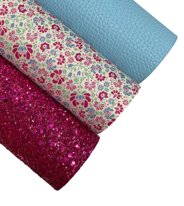 Magenta Aqua Floral Felt Backed Fabric Sheets