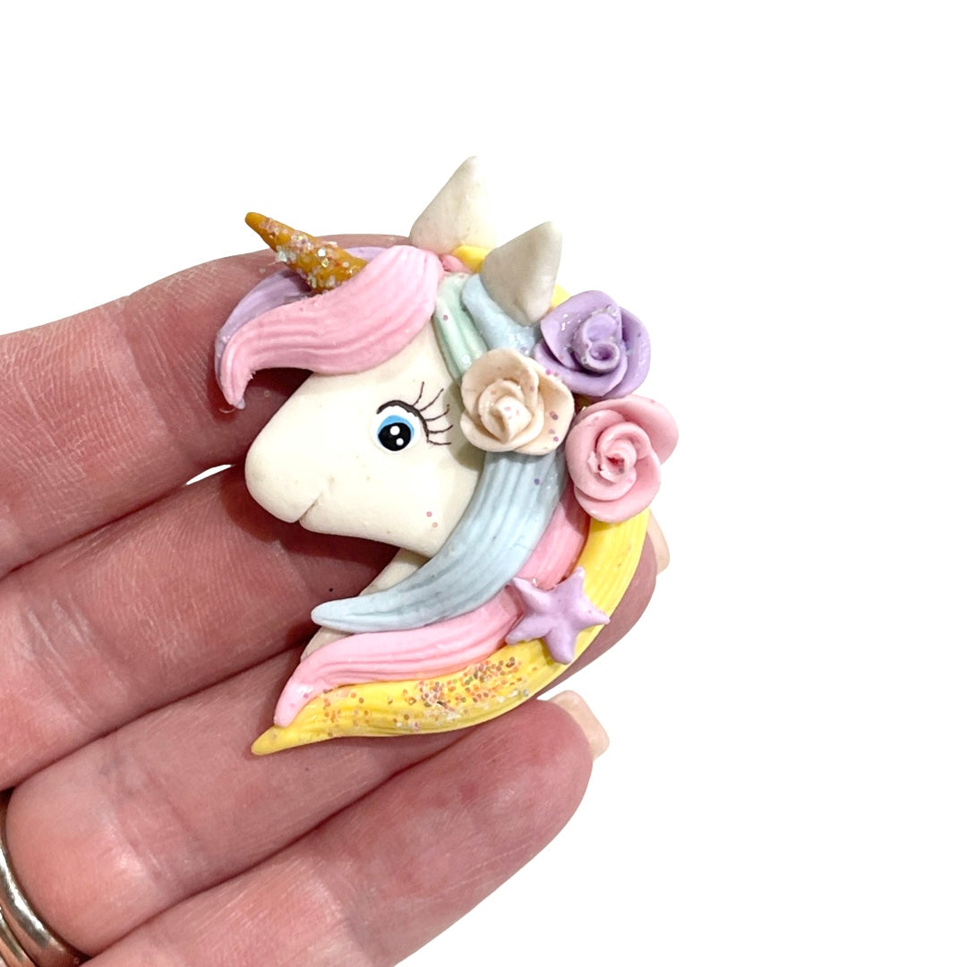 Floral Rainbow Unicorn Bow Clay Cameo