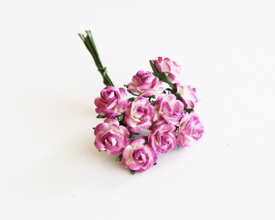 10 Pcs - Mulberry Paper Flowers - 1cm Rounded Petal Roses - Hot Pink and White