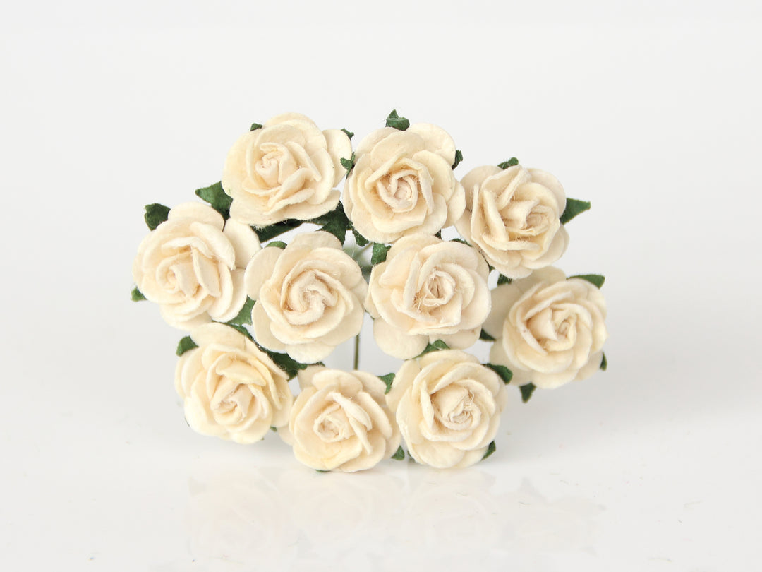 10 pièces - Fleurs en papier de mûrier - Roses à pétales arrondis de 1,5 cm - Crème