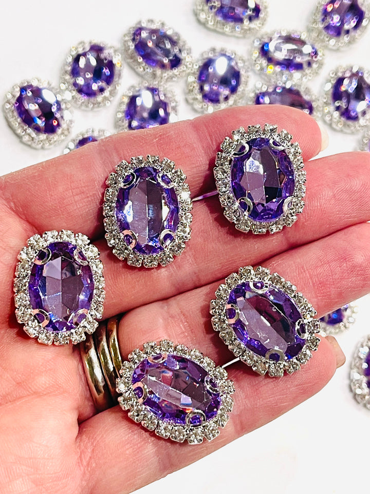5 x Oval Shape Rhinestone Embellishments in a Silver Claw Setting  - Amethyst