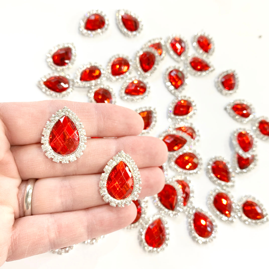5 x Embellissements à dos plat en strass en forme de poire - Rubis