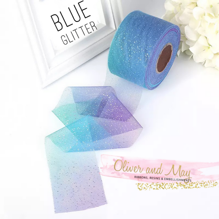 Blue Rainbow Glitter Tulle 2.36" 6cm x 25 Yard Lot