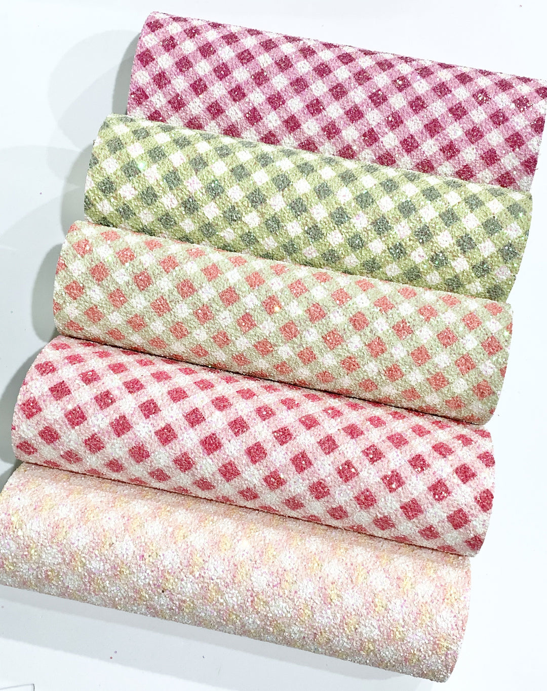 Pink and White Plaid  Gingham Chunky Glitter Fabric Sheet