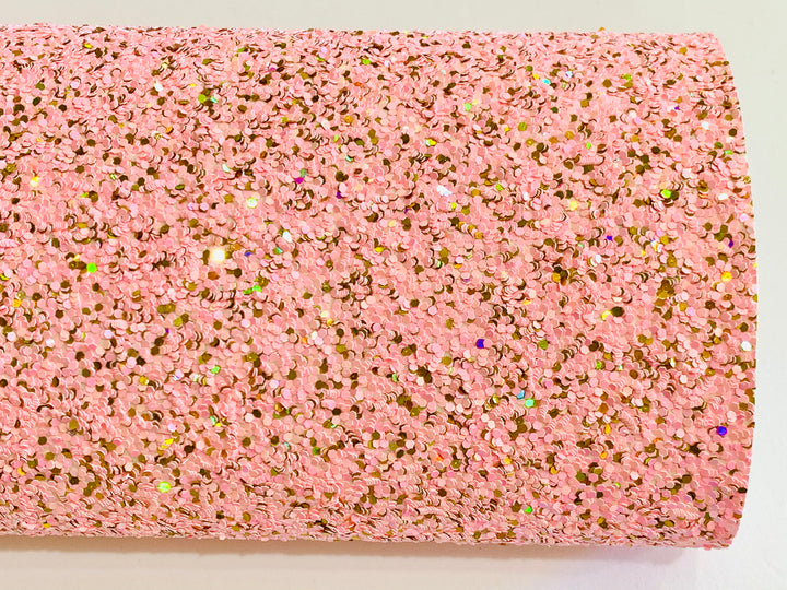 Feuille de tissu à grosses paillettes mélangées limonade rose et or