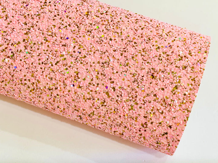 Feuille de tissu à grosses paillettes mélangées limonade rose et or