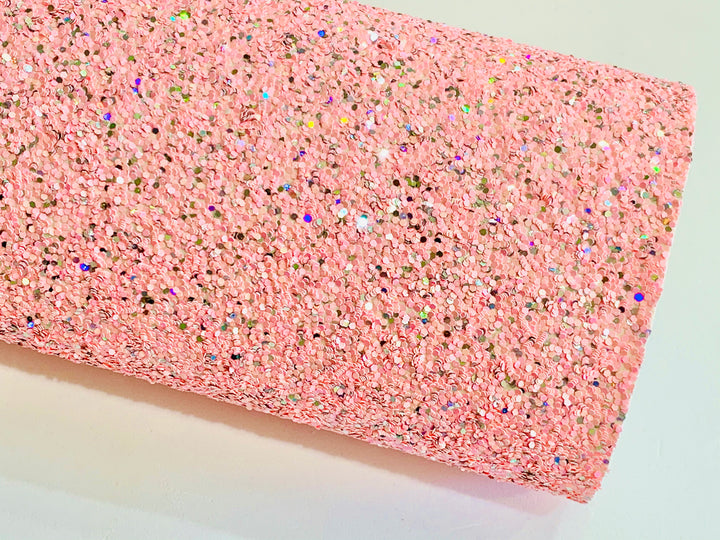 Feuille de tissu à grosses paillettes mélangées rose pêche et argent