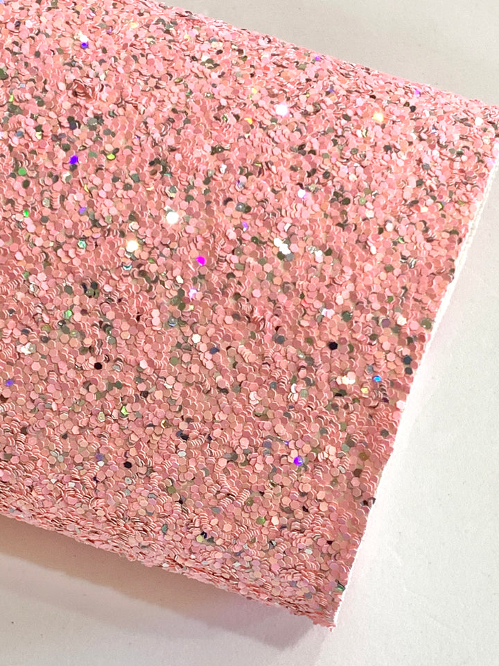 Feuille de tissu à grosses paillettes mélangées rose pêche et argent