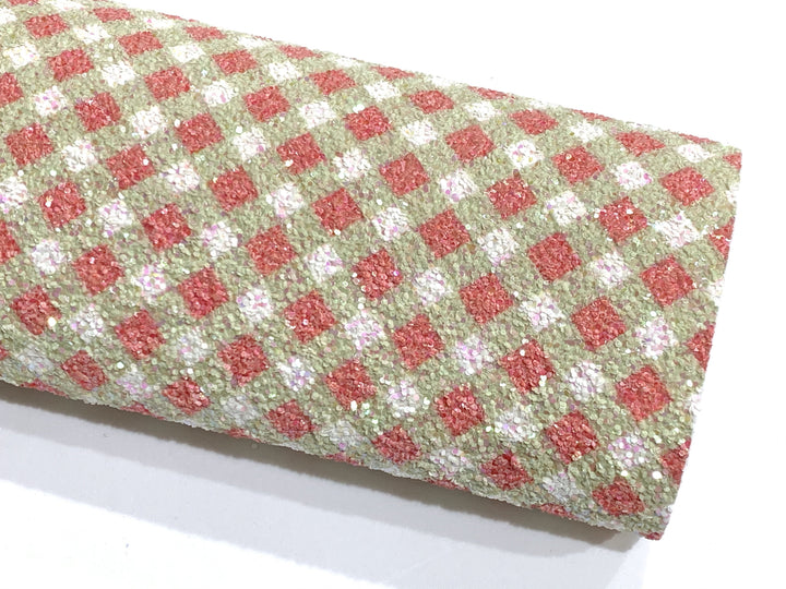 Feuille de tissu à grosses paillettes à carreaux roses et verts