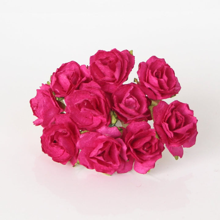 10 Pcs - Mulberry Paper Flowers - 2cm Tea Roses - Hot Pink