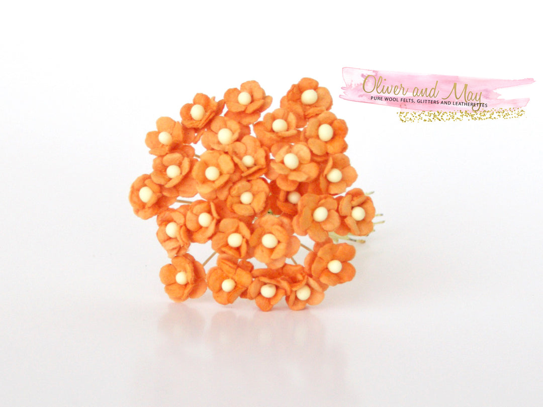 Bulk 25/50 Pack - Mulberry Paper Flowers - Mini 1cm Cherry Blossoms - Orange