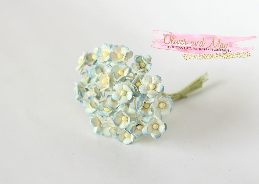 Bulk 25/50 Pack - Mulberry Paper Flowers - Mini 1cm Cherry Blossoms - Two Tones Blue