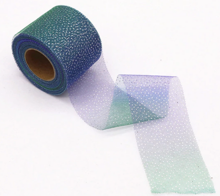 Blue Rainbow Glitter Tulle 2.36" 6cm x 25 Yard Lot