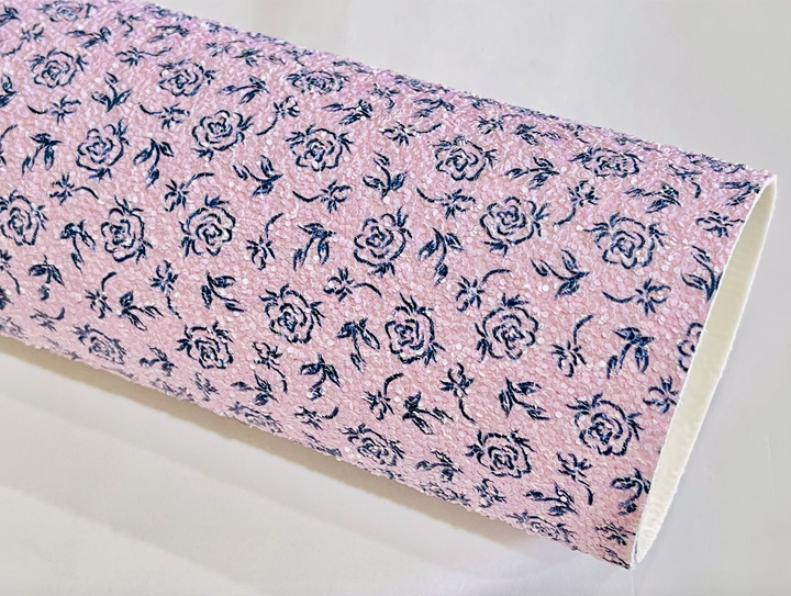 Lilac Rose Chunky Glitter Fabric - Rose lilas mat avec imprimé rose marine