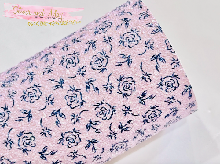 Lilac Rose Chunky Glitter Fabric - Rose lilas mat avec imprimé rose marine