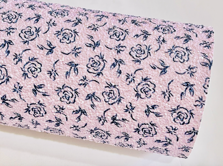 Lilac Rose Chunky Glitter Fabric - Rose lilas mat avec imprimé rose marine