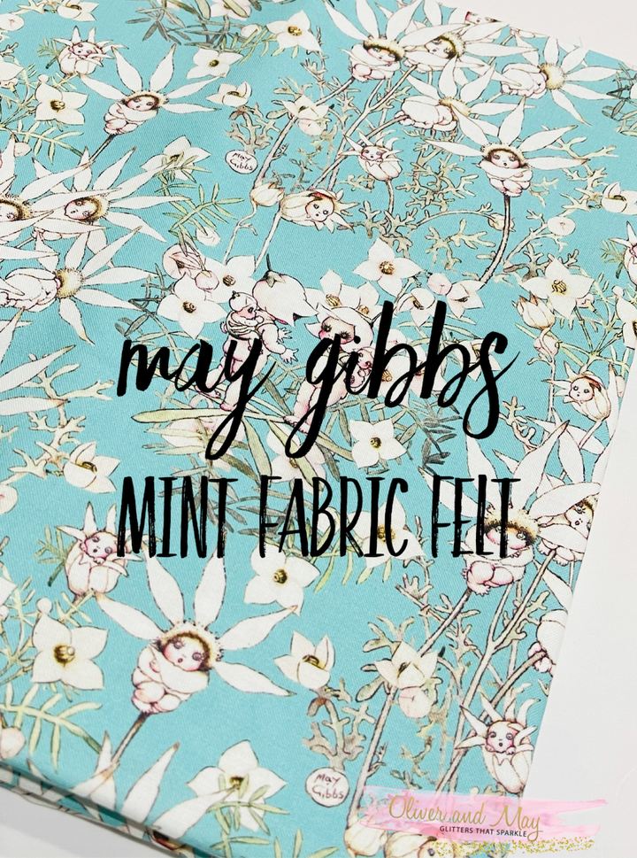 May Gibbs Bright Mint Flannel Flowers Fabric Felt -  Backed in Wool Felt