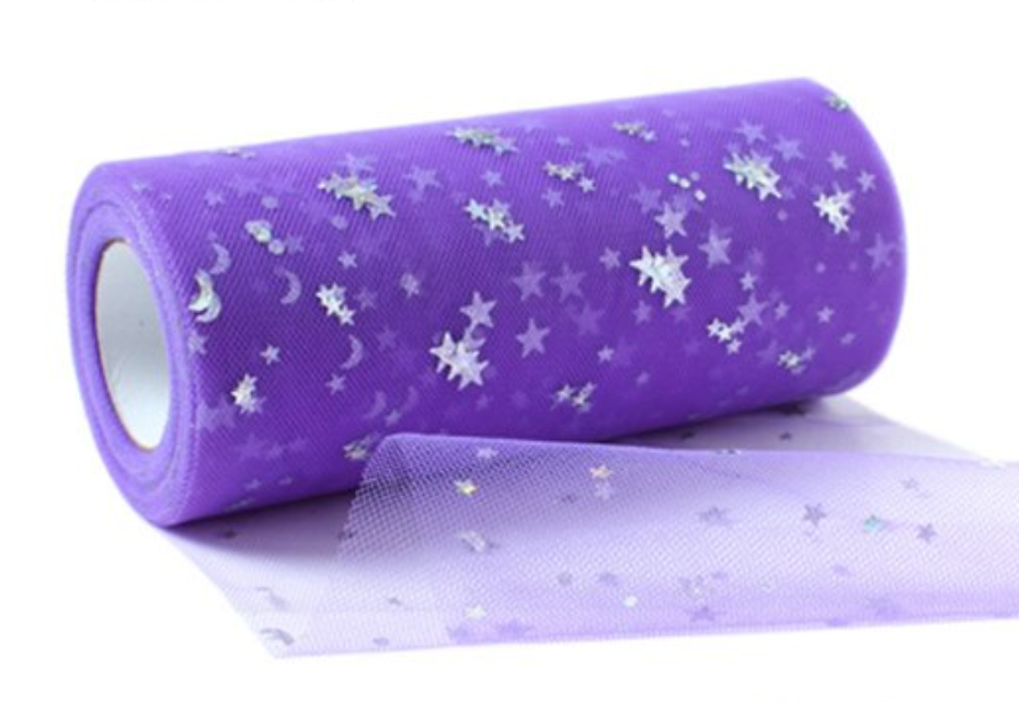 Purple with Silver Sequin Stars Glitter Tulle 15cm x 5 Yard LOT