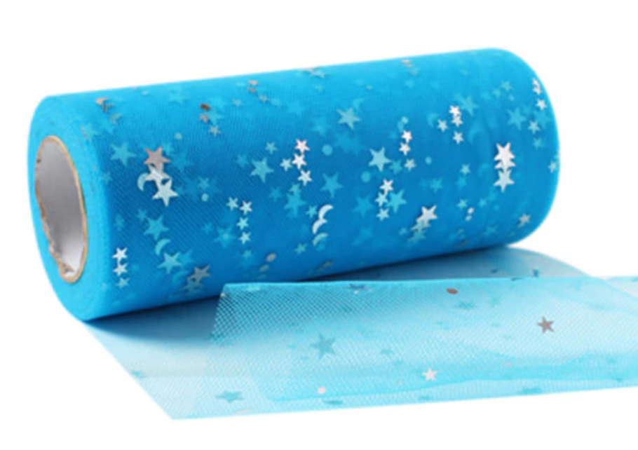 Aqua Sarcelle avec étoiles à paillettes argentées Tulle à paillettes 15 cm x 5 yards LOT
