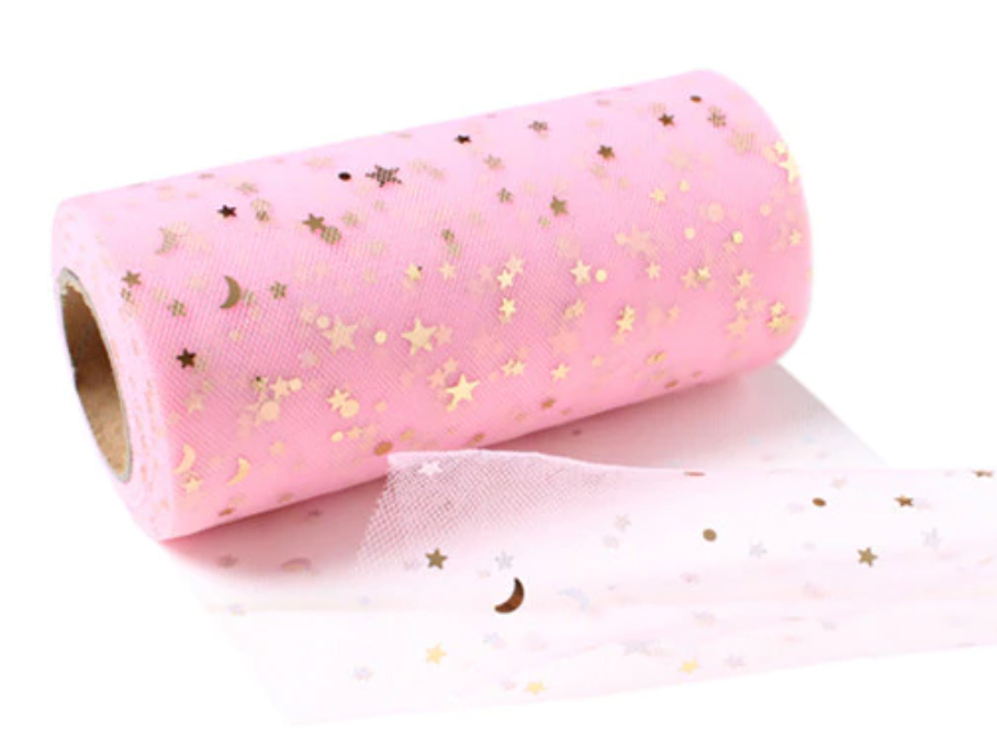 Tulle pailleté rose avec étoiles à paillettes dorées 15 cm x 5 yards LOT